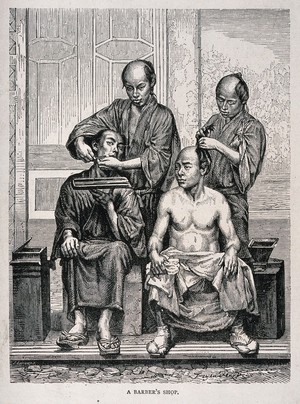 view A barber's shop: an assistant shaves a seated customer, a second assistant dresses hair. Wood engraving by J. Gauchard.