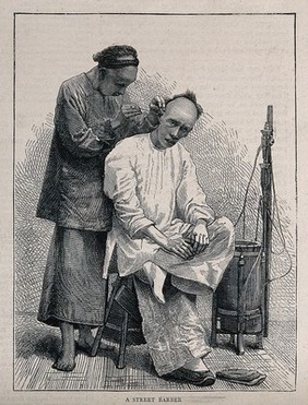 A street barber attending to a seated customer. Wood engraving.