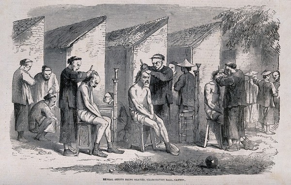 Bengal sepoys being shaved at the examination hall, Canton. Wood engraving.