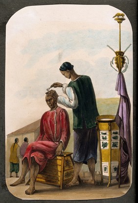 A barber shaving a seated man's head. Watercolour painting.