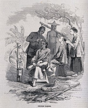 view Barbers dressing hair in a clearing. Wood engraving.