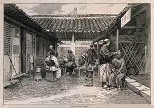 view Travelling barbers dressing hair in a courtyard. Wood engraving by Vierge after a photograph by W. Saunders.