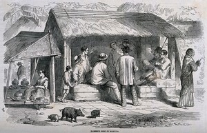 view A barber's shop in Manila. Wood engraving.