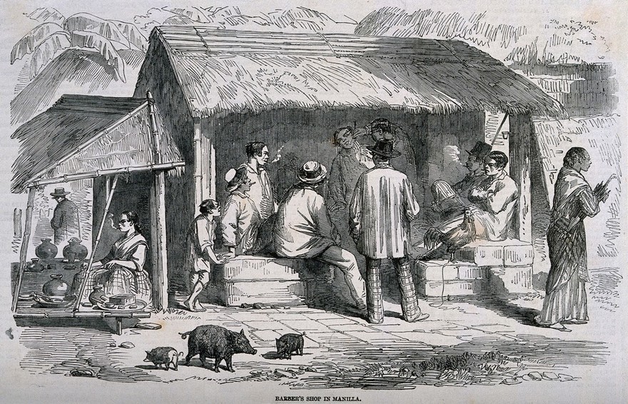 A barber's shop in Manila. Wood engraving.