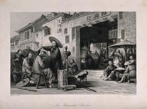 view A travelling barber dressing hair in a street. Wood engraving by A. Fox after T. Allom.