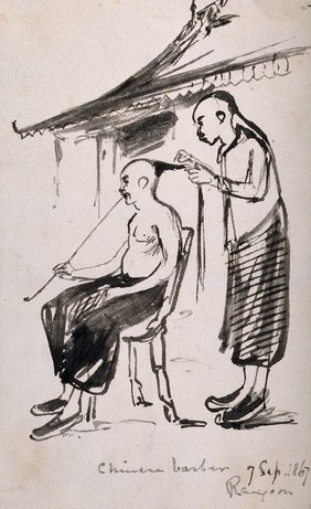 A barber dressing a man's hair in Rangoon, 1867. Ink drawing.