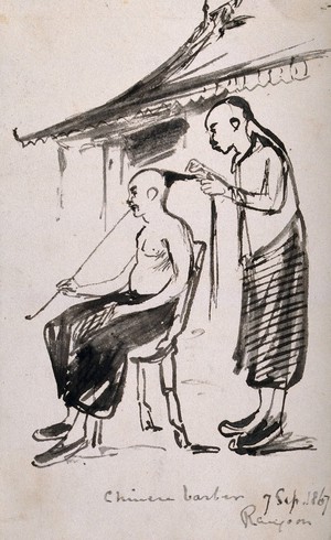 view A barber dressing a man's hair in Rangoon, 1867. Ink drawing.