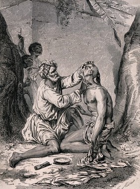 An amateur barber shaving a man outside. Wood engraving by C.J. Mettais.