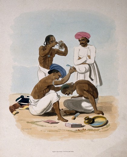 A seated barber shaving the back of a man's neck; another customer examines himself in a mirror and an attendant looks on. Coloured aquatint, 1800, after C. Gold.