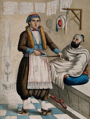 view The interior of a bathhouse; a barber dressed in national costume (?) sharpens his razor; a customer sitting cross-legged on a bench awaits his turn. Coloured lithograph.