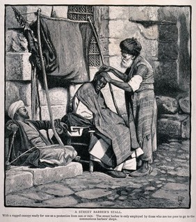 A street barber dressing a man's hair. Wood engraving by W.P.B. Closson.