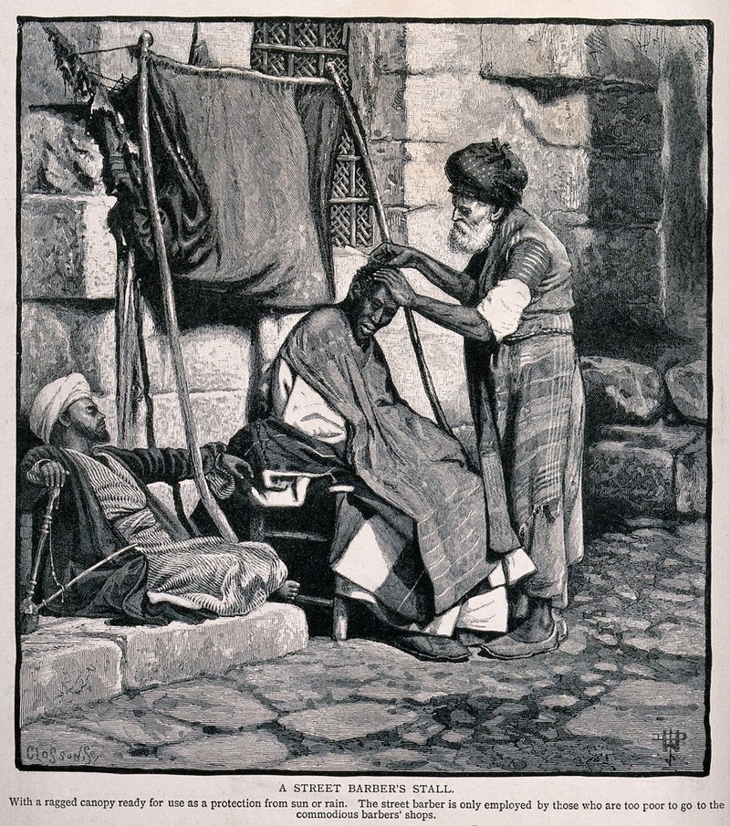 A street barber dressing a man's hair. Wood engraving by W.P.B. Closson., by William Closson