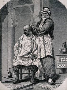 A barber dressing a man's hair. Wood engraving by C. Maorand (?).