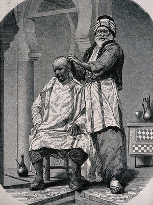 view A barber dressing a man's hair. Wood engraving by C. Maorand (?).