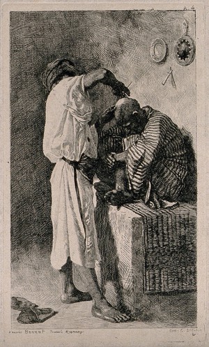 view A barber dressing a man's hair. Etching by F. Regamey after L.J. Bonnat.