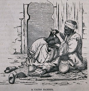 view A street barber dressing a man's hair in Cairo. Wood engraving.