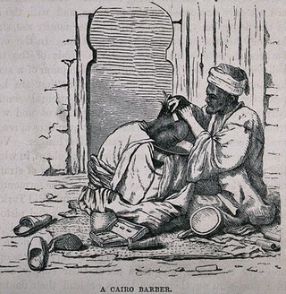 A street barber dressing a man's hair in Cairo. Wood engraving.