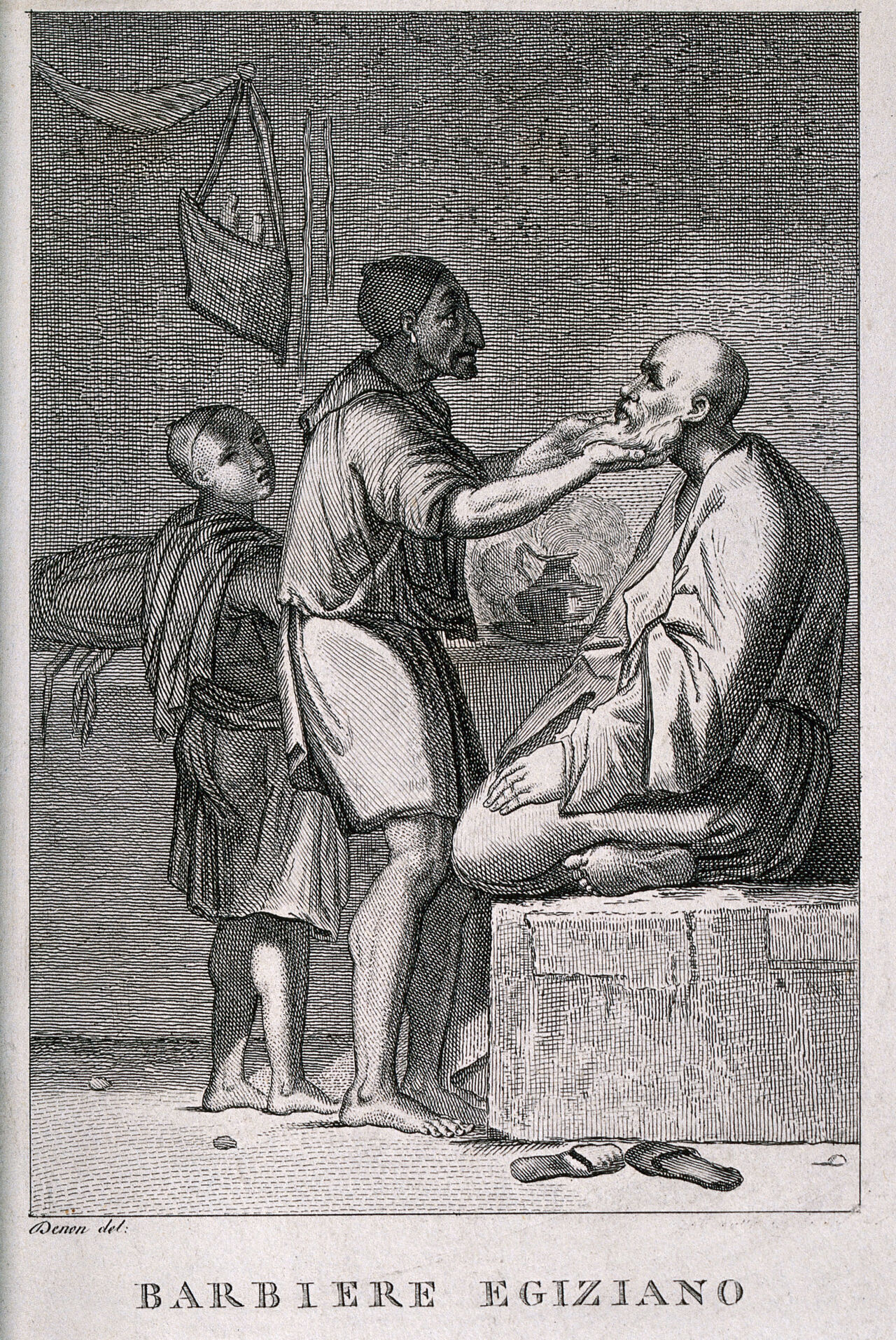 An Egyptian barber shaving a man; a boy assistant looks on. Engraving by G.B. Cecchi after Vivant-Denon., 1808, by Vivant Denon