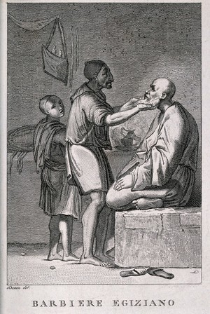 view An Egyptian barber shaving a man; a boy assistant looks on. Engraving by G.B. Cecchi after Vivant-Denon.