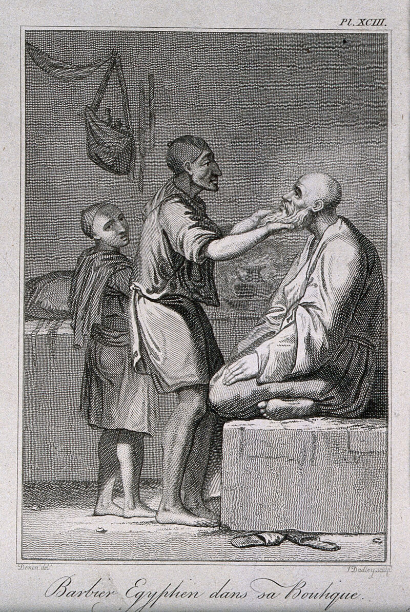 An Egyptian barber shaving a man in his shop; a boy assistant looks on. Engraving by J. Dadley after Vivant-Denon., by Vivant Denon