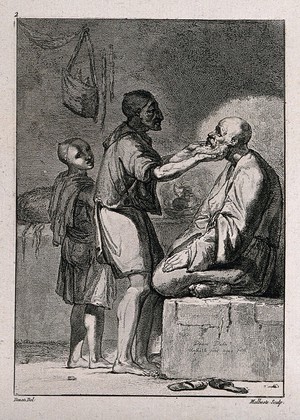 view An Egyptian barber shaving a man in his shop; a boy assistant looks on. Etching by G. Malbeste after V. Denon.