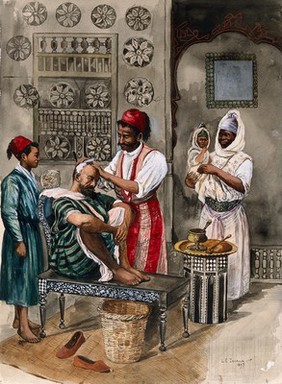 A barber shaving a man's head; a boy assistant and a woman holding a small child look on. Watercolour painting by L.E. Zoccola, 1897.