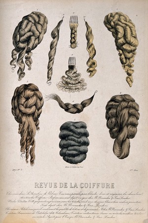 view Ten different types of wigs and hair pieces. Coloured engraving, 1875.