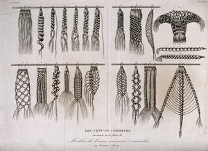 view Twenty-two illustrations showing different plaited hair pieces. Etching.
