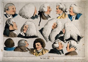 view Fourteen heads showing different types of wigs. Coloured etching, 1773.