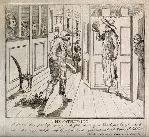 A bald-headed Charles James Fox in a wig shop (a dog is attacking his shoe) being shown a wig by the shop-keeper; to the right Edmund Burke is eavesdropping behind a door. Etching by Wetherell, 1793.