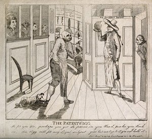 view A bald-headed Charles James Fox in a wig shop (a dog is attacking his shoe) being shown a wig by the perruquier; to the right Edmund Burke is eavesdropping behind a door. Etching by Wetherell, 1793.