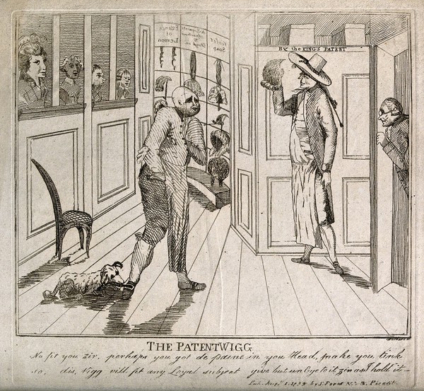 A bald-headed Charles James Fox in a wig shop (a dog is attacking his shoe) being shown a wig by the perruquier; to the right Edmund Burke is eavesdropping behind a door. Etching by Wetherell, 1793.