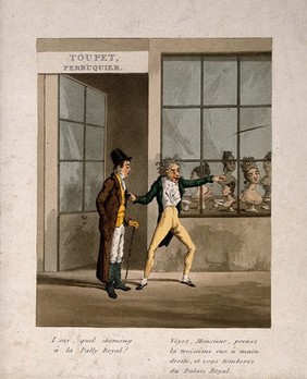 A French wig-seller giving directions to an Englishman outside a wig shop in Paris. Coloured aquatint.