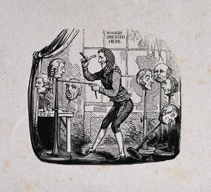 view A wig-seller dressing a wig on a stand in his shop; the wig-stands bear the heads of Tory politicians. Wood engraving by W.C.W. after R. Seymour.