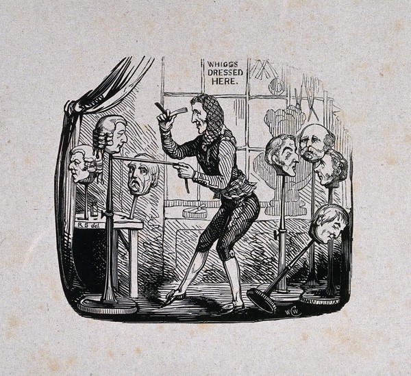 A wig-seller dressing a wig on a stand in his shop; the wig-stands bear the heads of Tory politicians. Wood engraving by W.C.W. after R. Seymour.