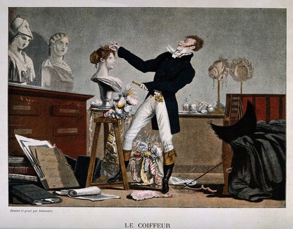 A dandified hair-dresser in his salon arranging a woman's wig on a bust of a woman; to the left are two more busts, to the right are two wigs on stands. Colour process print after Debucourt (?).