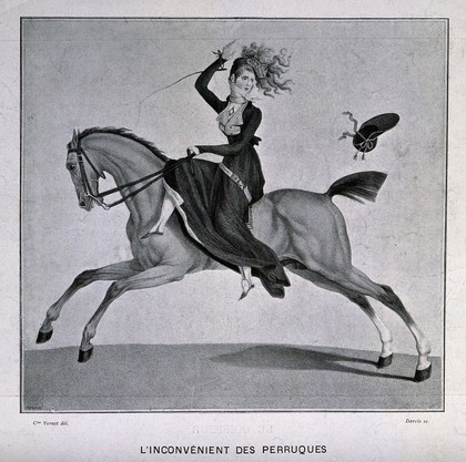 A woman on horse-back raising a hand to catch an elaborate wig as it slips from her head; her hat has already been swept away. Process print by Charaire after Darcis after C. Vernet.