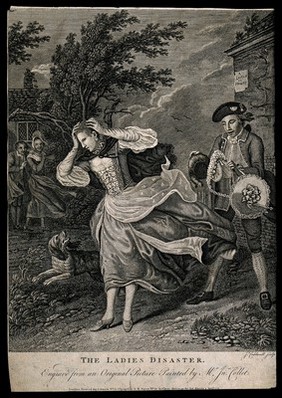 A young woman's wig and hat being swept away by a gust of wind; behind her a young man is laughing, to the left stand an amused couple. Engraving by J. Caldwell, 1771, after J. Collet.