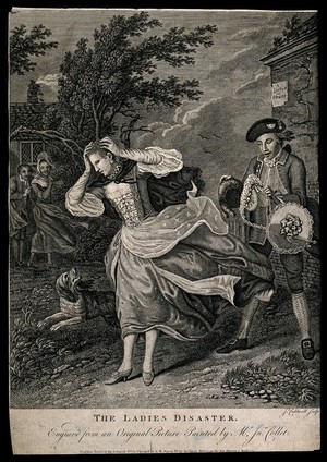 view A young woman's wig and hat being swept away by a gust of wind; behind her a young man is laughing, to the left stand an amused couple. Engraving by J. Caldwell, 1771, after J. Collet.