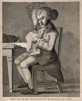 A man so engrossed in news of the French Revolution that he unwittingly sets his wig alight with his candle. Etching, 1789.