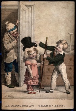 A small boy places his grandfather's wig and hat on his younger sister; the grandfather looks on with amusement. Coloured lithograph by L. Boilly, 1824.