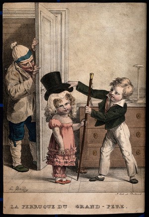 view A small boy places his grandfather's wig and hat on his younger sister; the grandfather looks on with amusement. Coloured lithograph by L. Boilly, 1824.