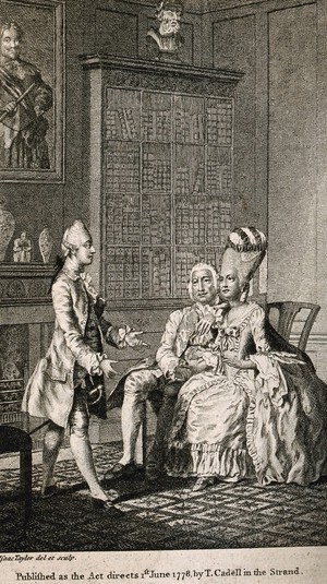 view A woman with an extremely high wig seated next to a male companion; they both watch a young man who appears to be acting. Engraving by I. Taylor, 1778, after himself.