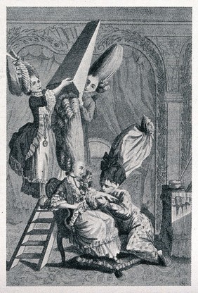 A woman having her extraordinarily high wig covered with a protective cone by a maidservant and hair-dresser mounting a step-ladder; the woman's lover, who also wears a high wig and protective cover, sits at her feet. Reproduction of an engraving.