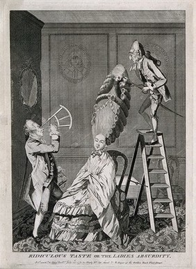 A woman seated in a chamber having her exceptionally high wig (which towers above her head in an oval form, and is flanked by parallel horizontal curls) dressed by a French hair-dresser who stands on the top of a step-ladder; the woman's husband, a naval officer, is holding a sextant to his eye to ascertain the altitude of the adornment. Engraving, 1771.