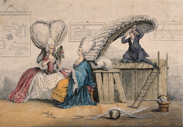 A man tying a woman's absurdly high wig on to a scaffolding; another woman wearing a tall heart-shaped wig looks on. Coloured etching attributed to M. Rapine.