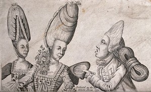 view Two fashionable women who wear extremely high wigs; to the right a gentleman greets them by taking his hat off. Engraving, 1773.