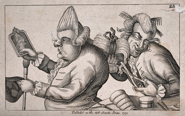 A fat hunchbacked man with two large warts on his nose with hairs growing out, admires his fashionable wig in a hand-mirror; a grinning barber trims his wig in front of a table on which there are various hair-dressing appliances. Engraving, 1773.