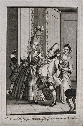 A fashionable man and woman accompanied by a maid-servant and a boy servant; the woman, who wears an elaborately decorated pyramid wig, carries a dog under her right arm and looks admiringly at her male companion. Engraving, c. 1772.