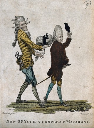 A fashionable man takes his hat off while strolling; his hairdresser assists him by supporting the weight of his large wig. Coloured engraving by J. Caldwell after M.V. Brandoin.